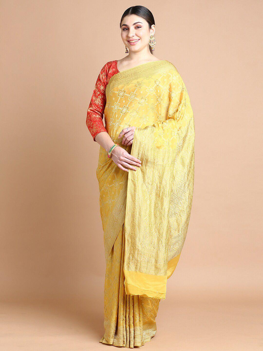 kalyan silks yellow & gold-toned woven design zari pure georgette saree