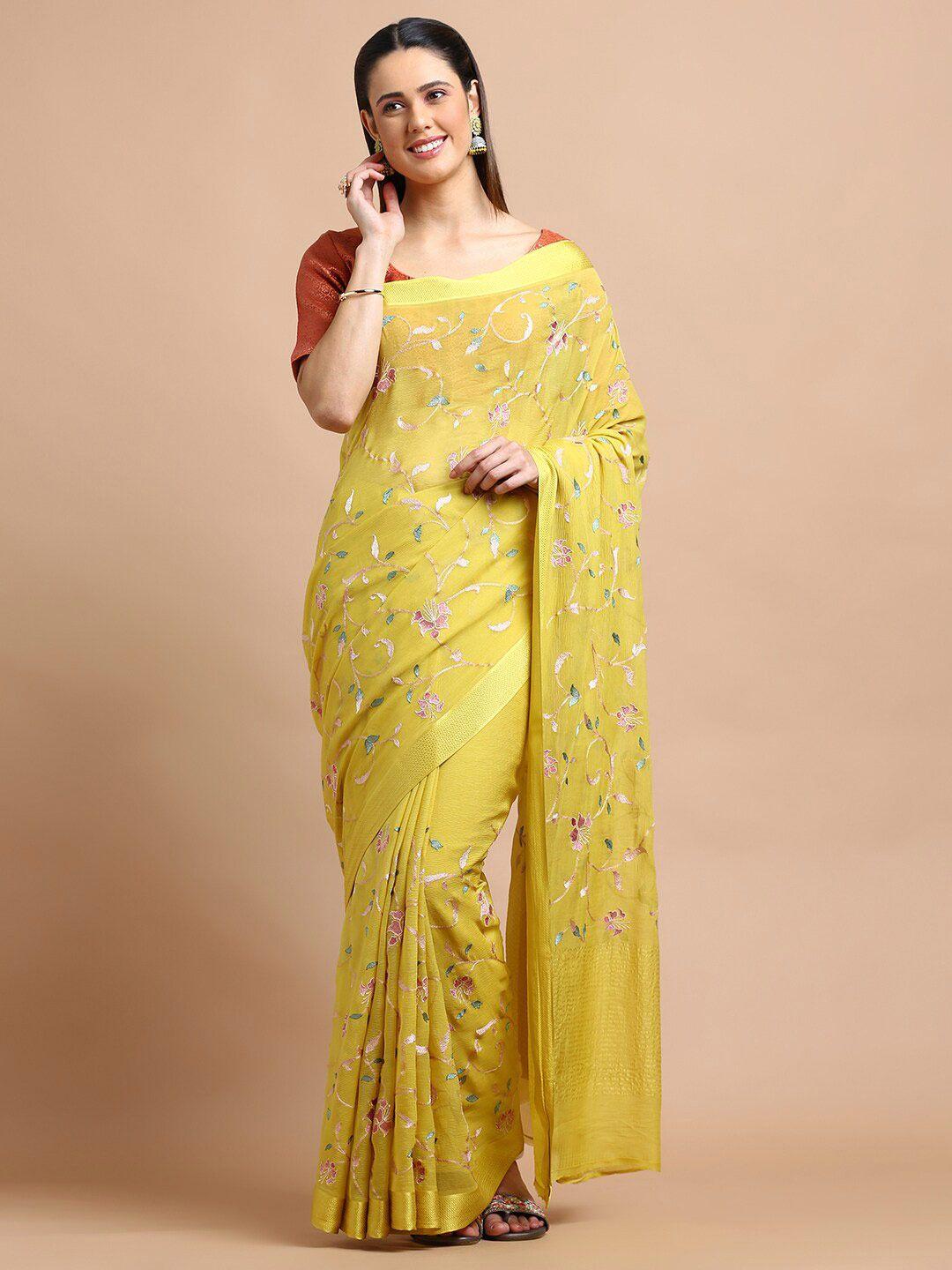 kalyan silks yellow & green floral embroidered pure georgette saree