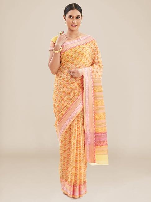 kalyan silks yellow floral print saree with unstitched blouse