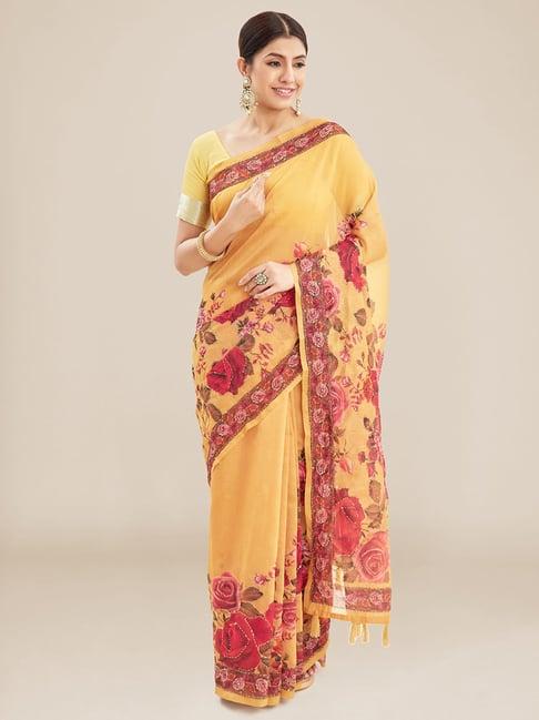 kalyan silks yellow floral print saree with unstitched blouse