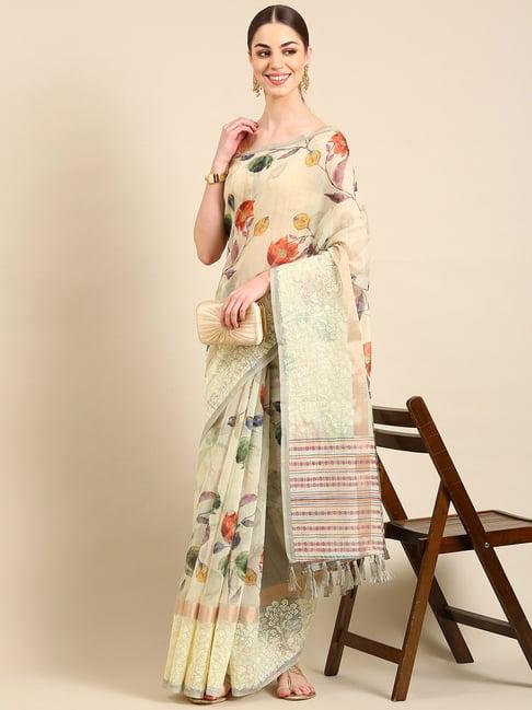 kalyan silks yellow linen floral print saree with unstitched blouse