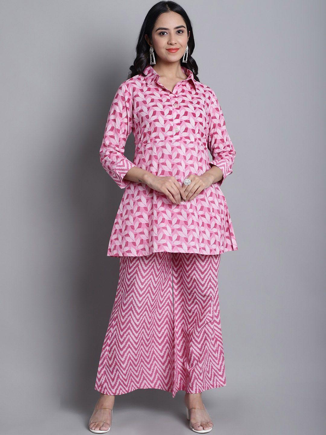 kamayra ethnic motifs printed shirt collar pure cotton kurta with palazzos