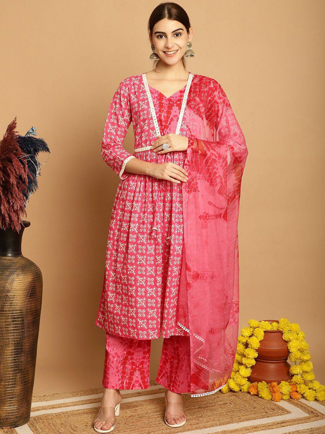 kamayra ethnic motifs printed v neck pure cotton a-line kurta & palazzos with dupatta