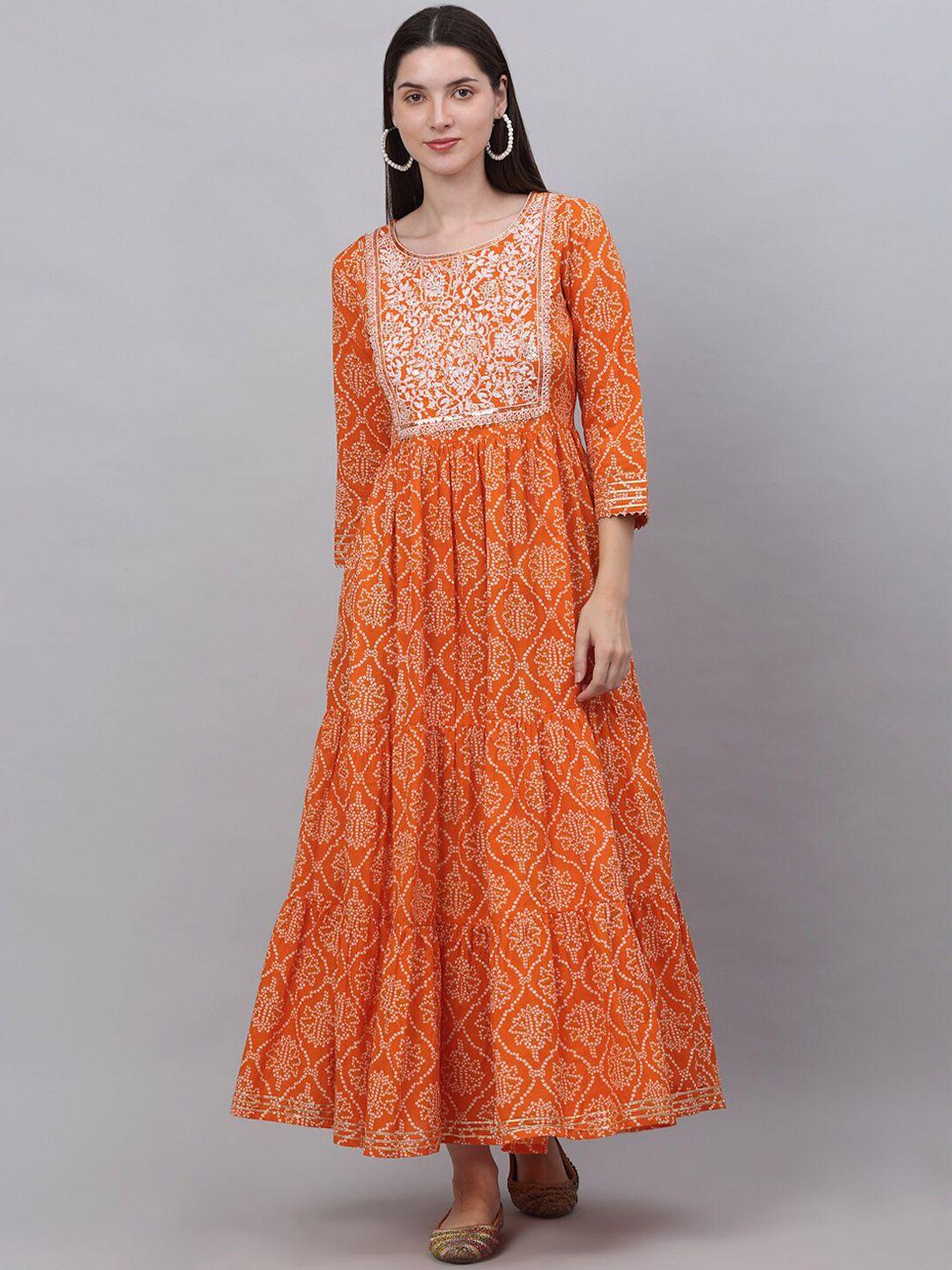 kamayra women orange ethnic motifs printed thread work anarkali kurta