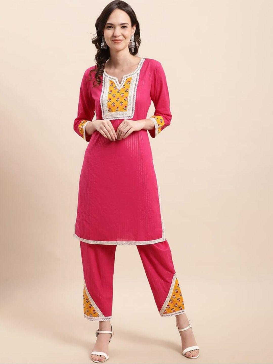 kamayra women pink yoke design regular thread work pure cotton kurta with palazzos
