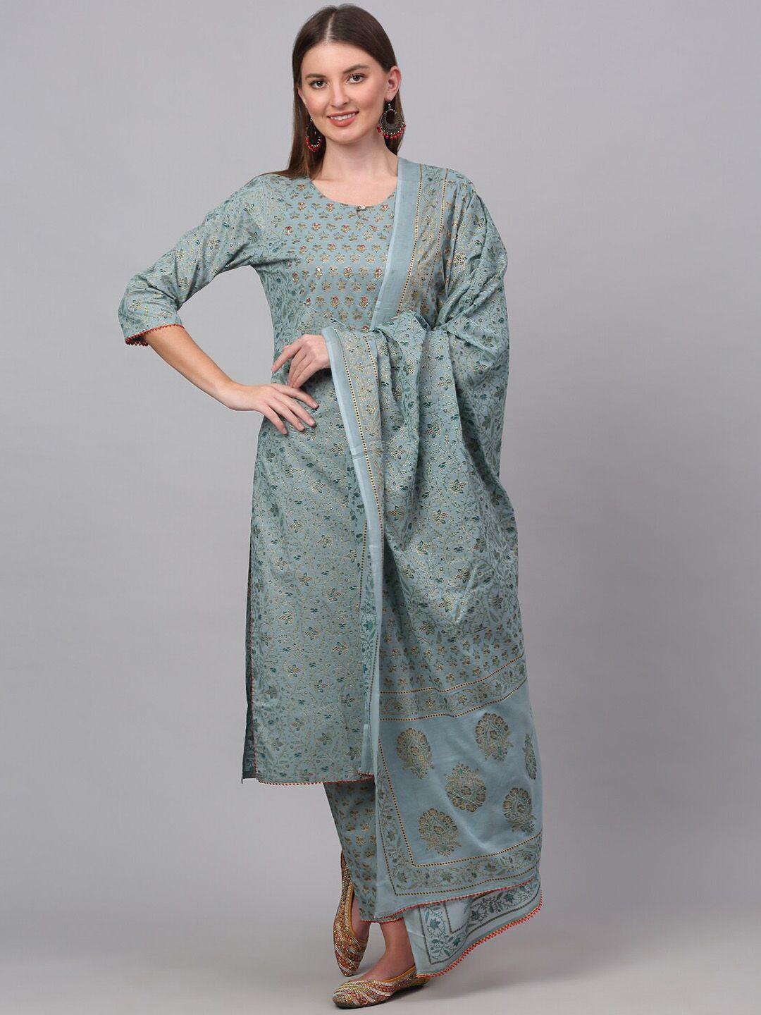 kamayra women sea green ethnic motifs pure cotton kurta & trousers with dupatta
