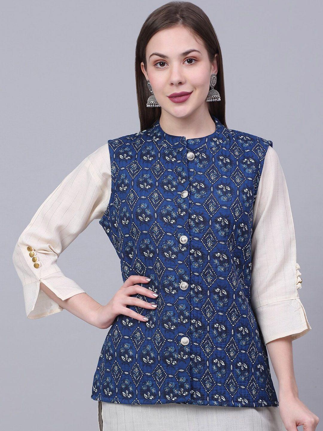 kamayra ethnic motif printed mandarin collar sleeveless cotton lightweight quilted jacket