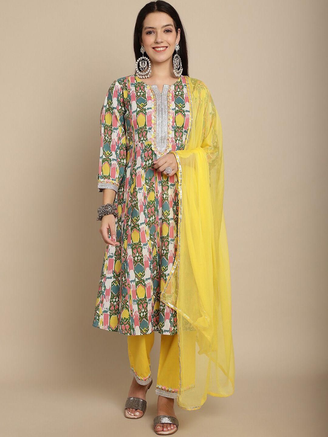 kamayra ethnic motifs printed gotta patti pure cotton a line kurta with trousers & dupatta