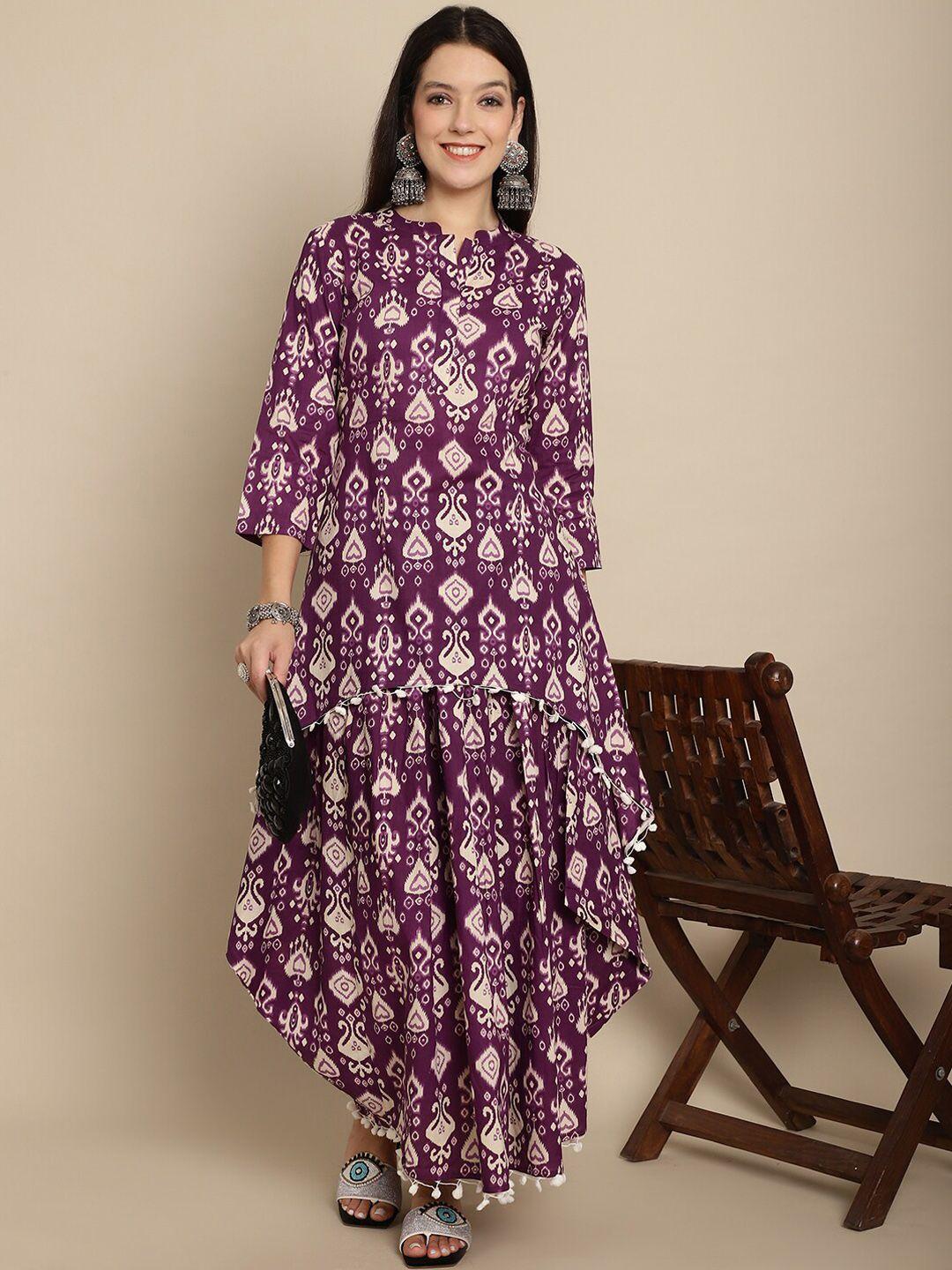 kamayra ethnic motifs printed mandrain collar cotton fusion a-line kurta & dhoti pants