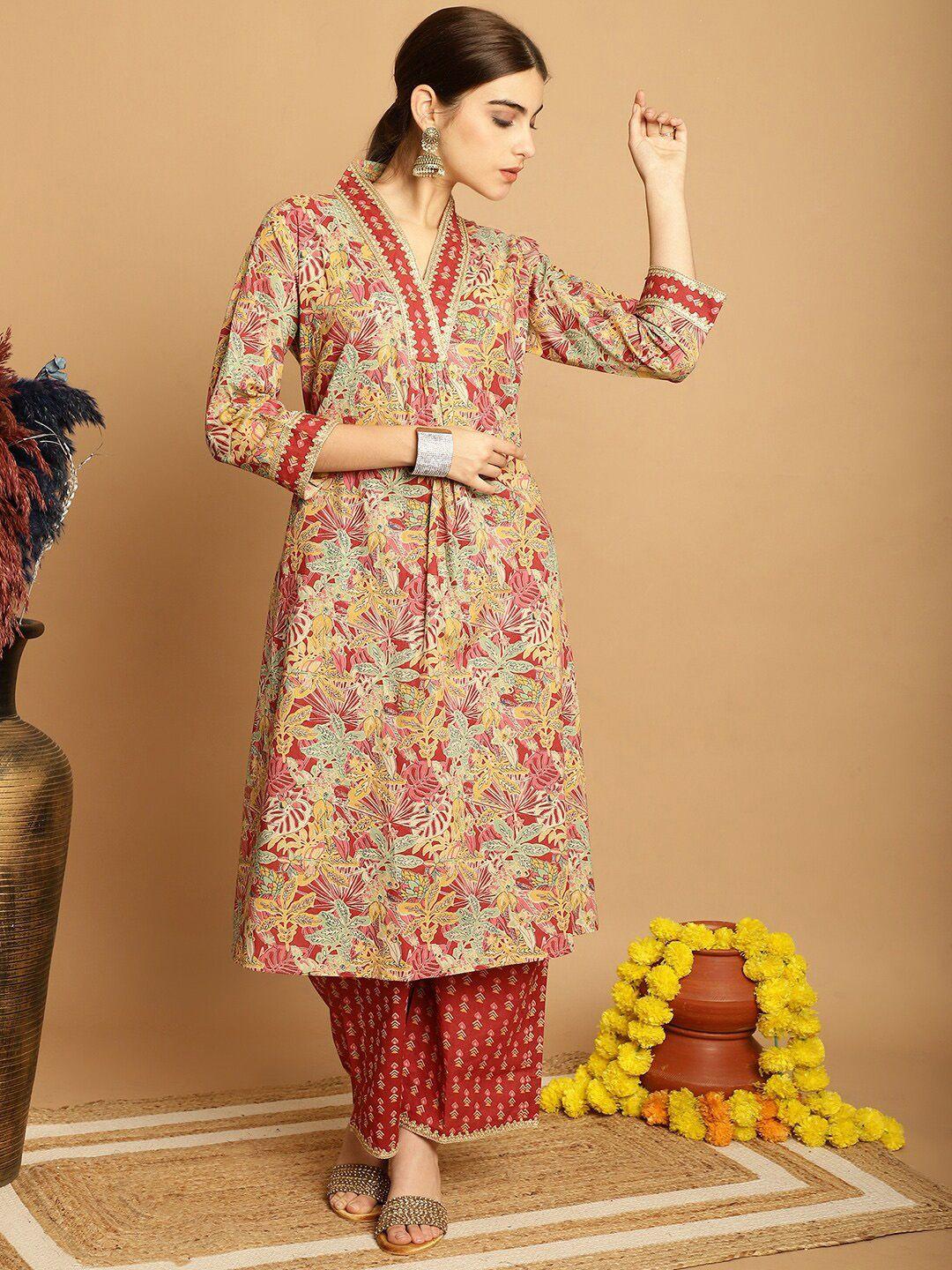 kamayra ethnic motifs printed pleated pure cotton kurta with palazzos & dupatta