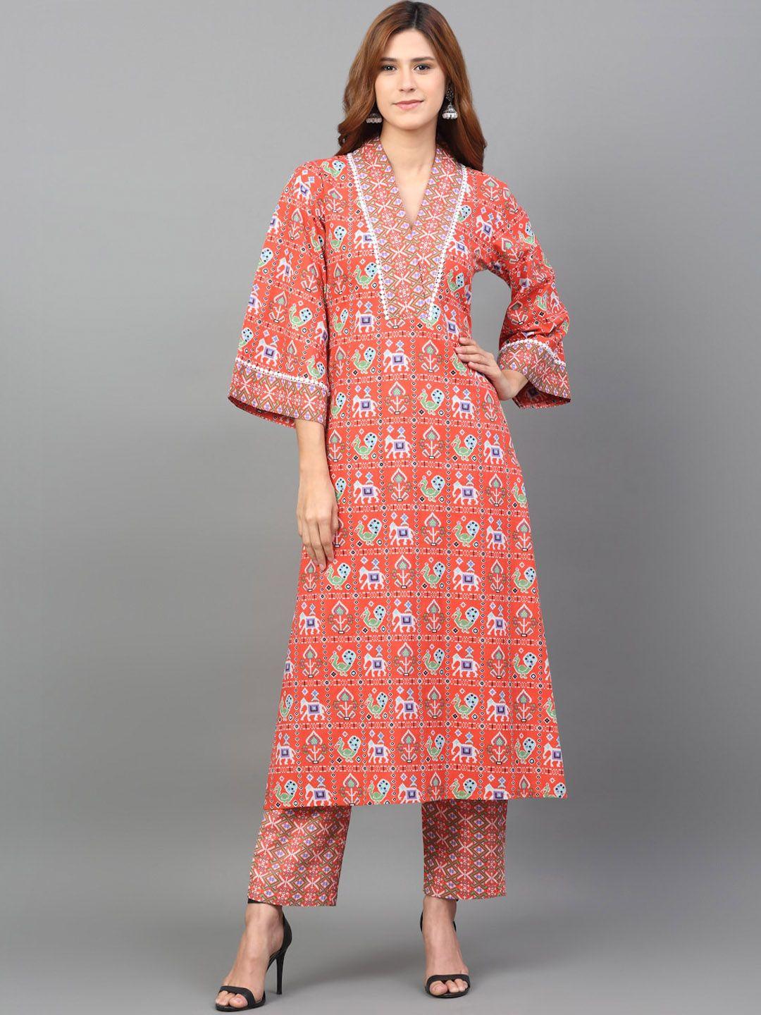 kamayra ethnic motifs printed pure cotton a-line kurta with trousers & dupatta