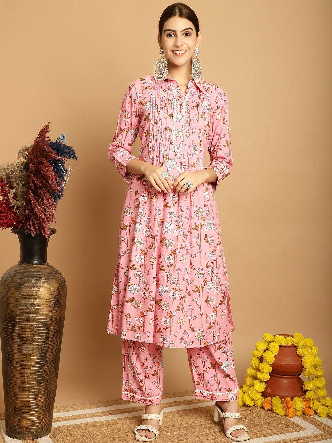 kamayra floral printed shirt collar pleated pure cotton a-line kurta with palazzos