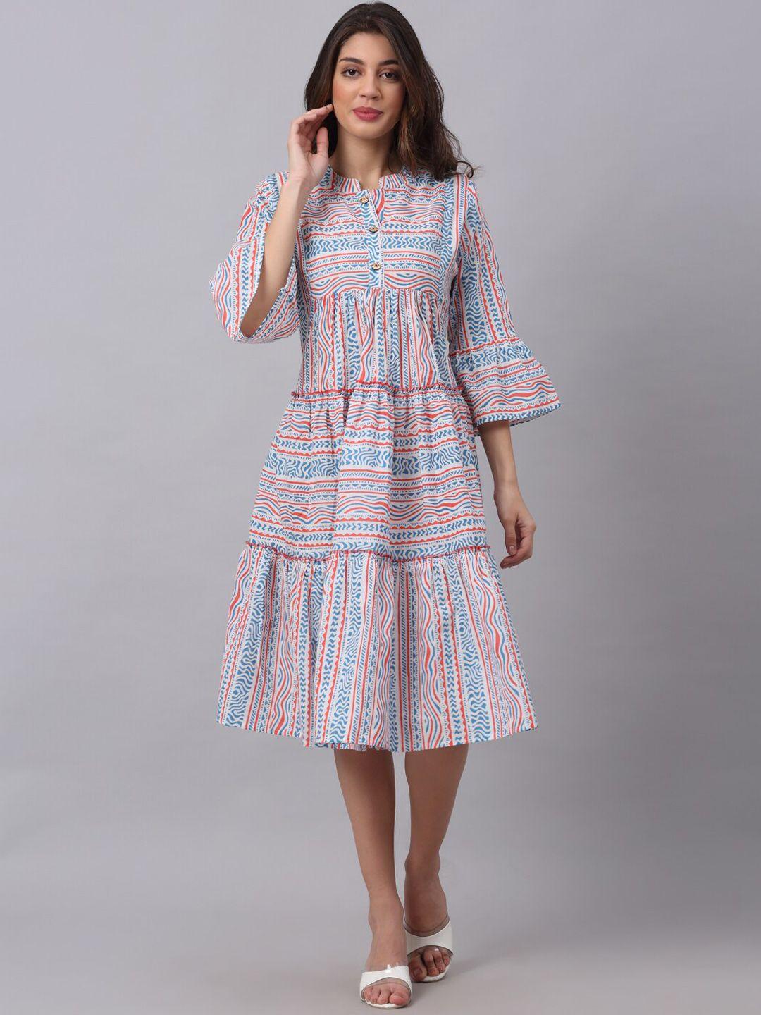 kamayra geometric printed mandarin collar bell sleeve cotton fit & flare dress