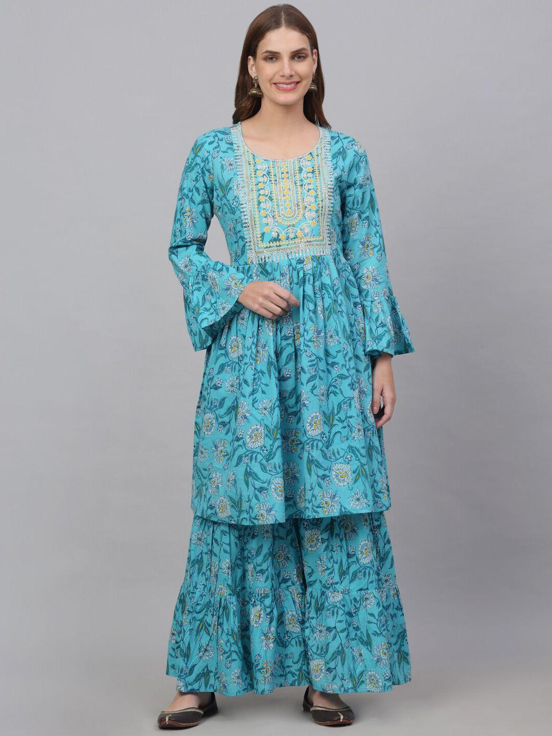 kamayra women floral embroidered yoke design pure cotton kurta with sharara