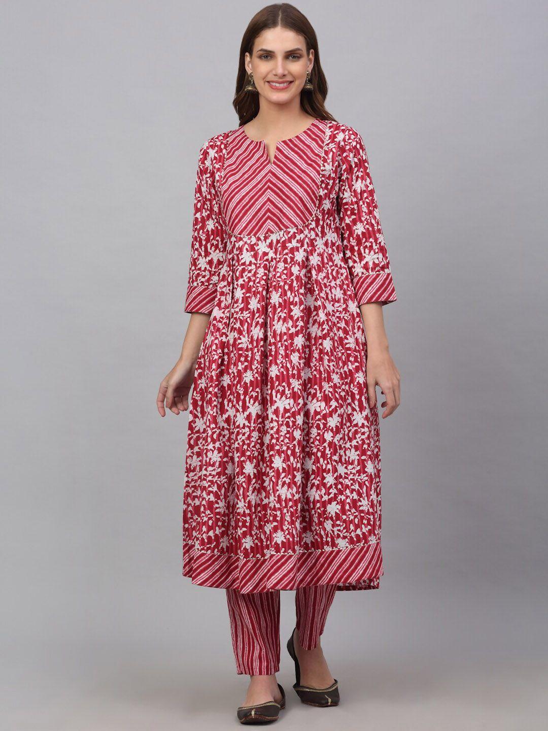 kamayra women floral printed pleated pure cotton kurta with trousers