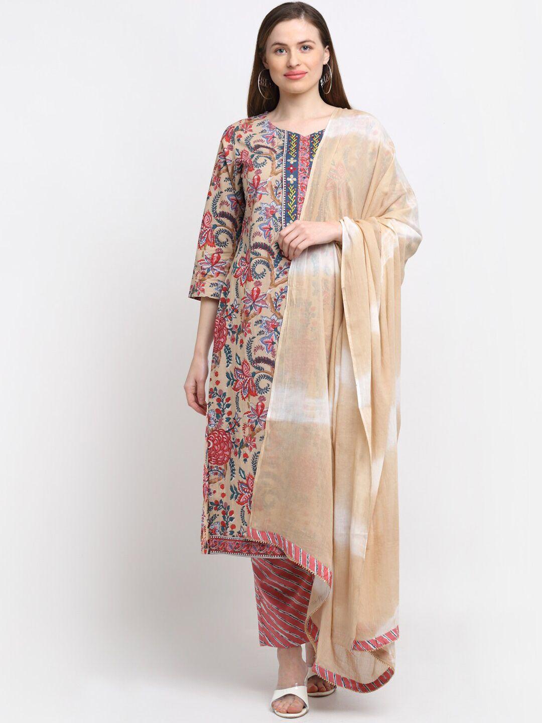 kamayra women floral printed pure cotton kurta with trousers & dupatta