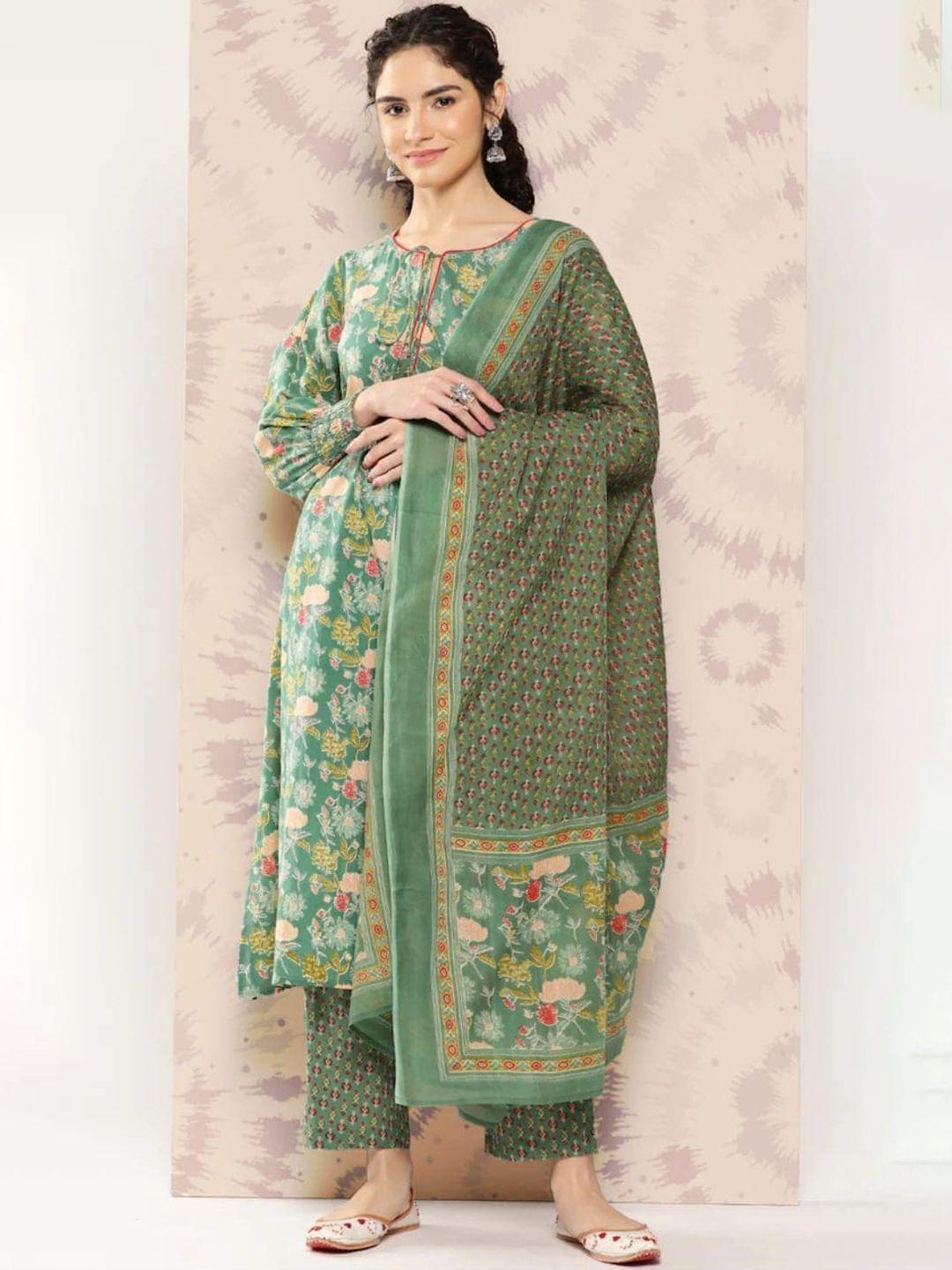 kamayra women green floral printed regular pure cotton kurta with palazzos & with dupatta