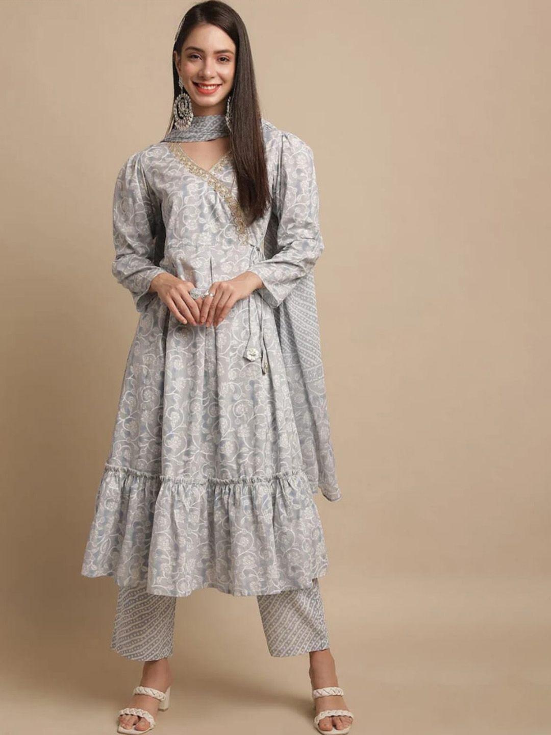 kamayra women grey floral yoke design empire zardozi pure cotton kurta with palazzos & with dupatta
