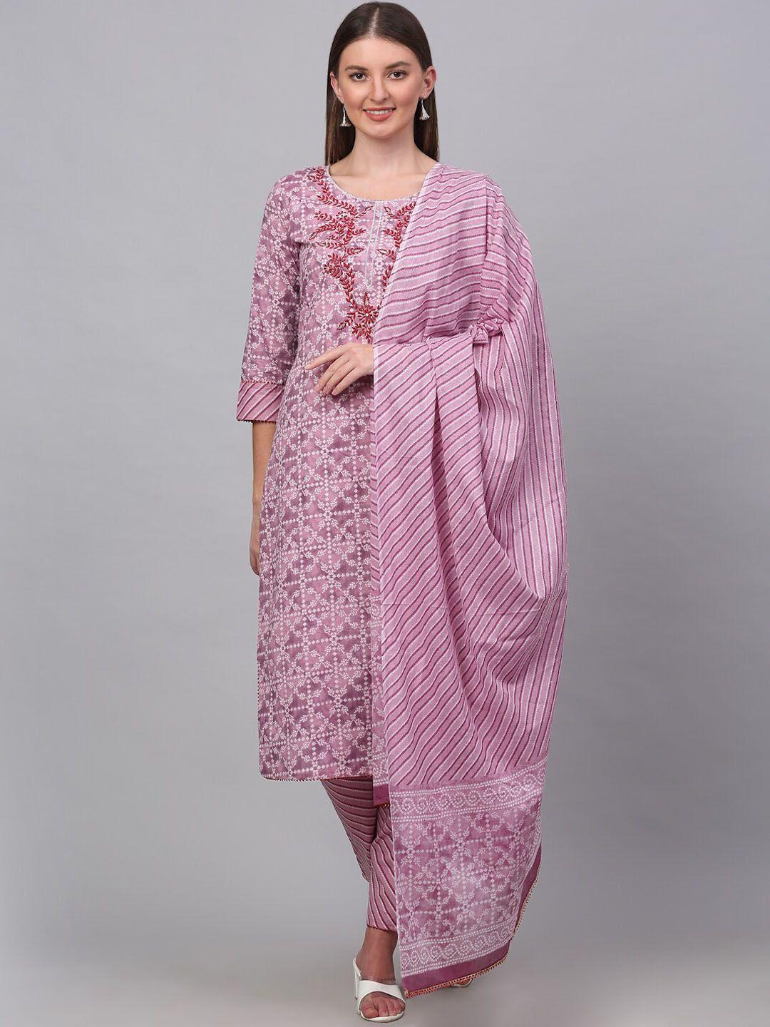 kamayra women mauve ethnic motifs yoke design pure cotton kurta & trousers with dupatta