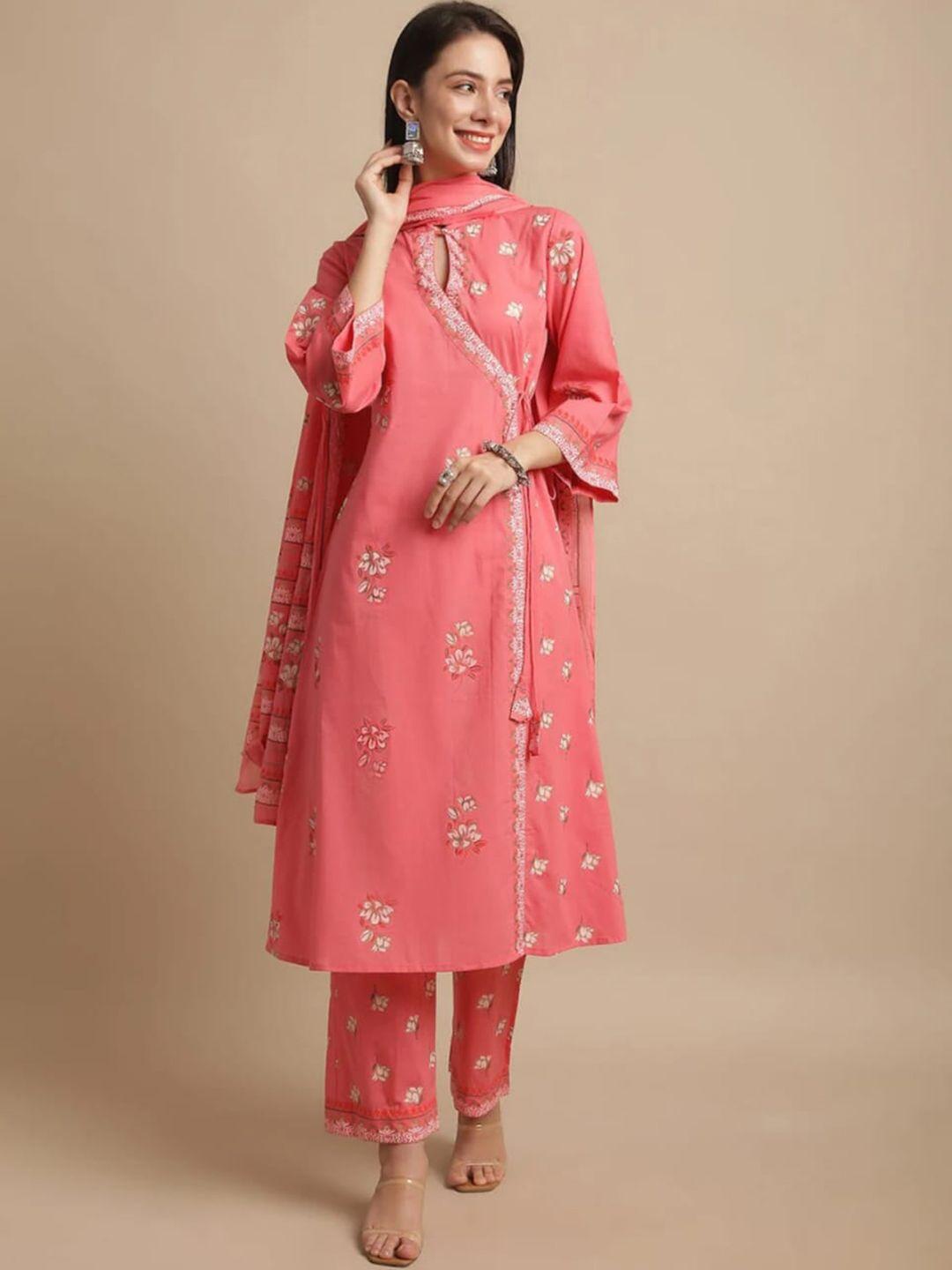 kamayra women pink floral printed angrakha pure cotton kurta with palazzos & with dupatta