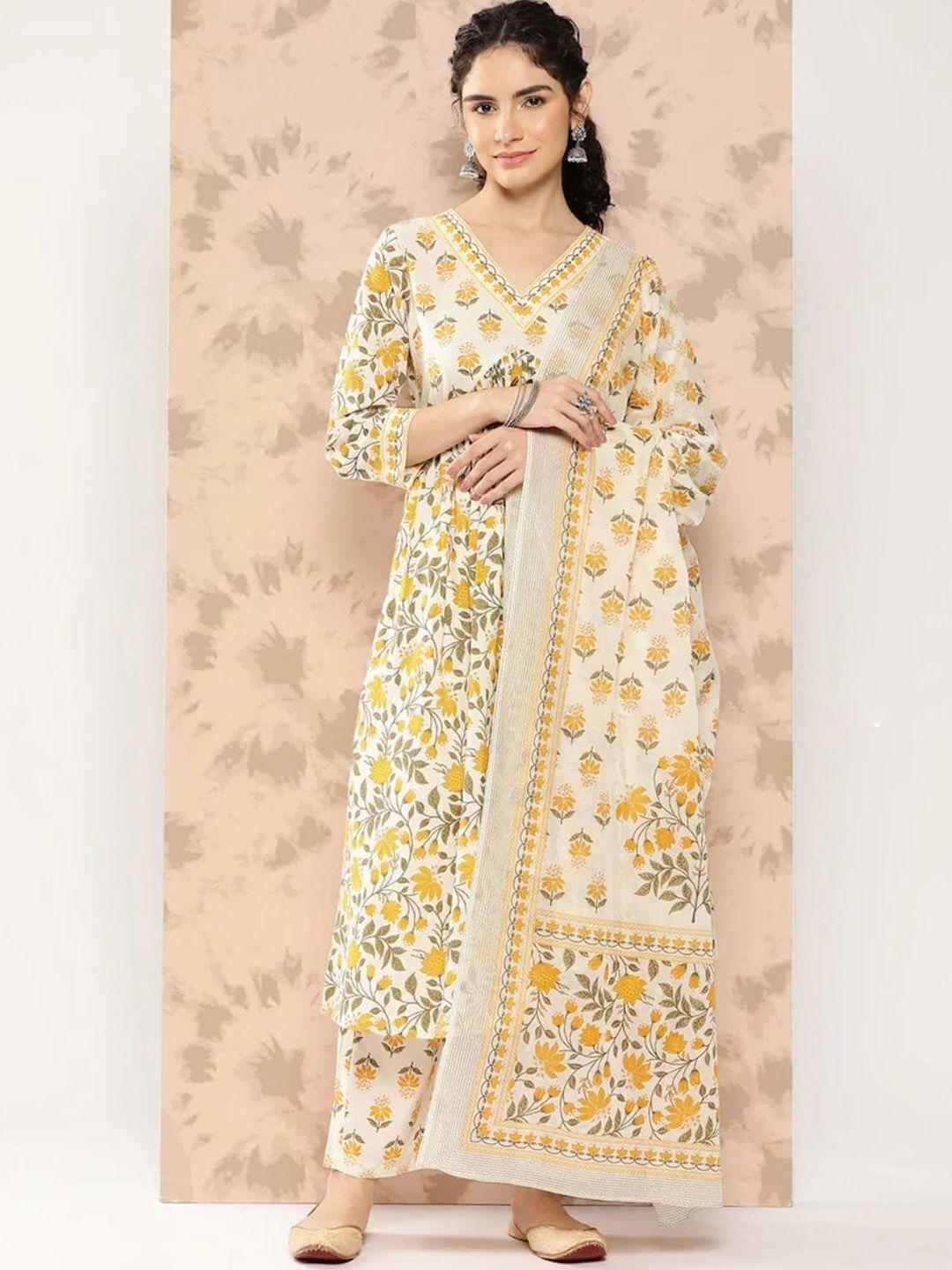 kamayra women yellow ethnic motifs yoke design empire pure cotton kurta with palazzos & with dupatta