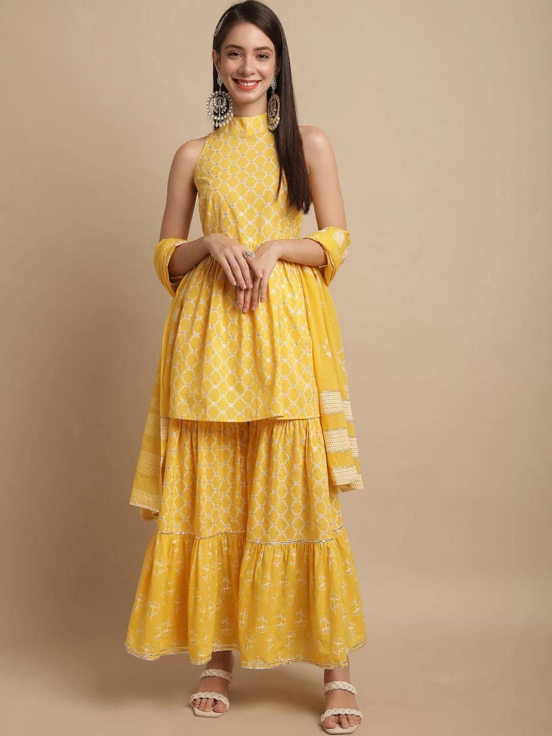 kamayra women yellow printed empire pure cotton kurta with sharara & with dupatta