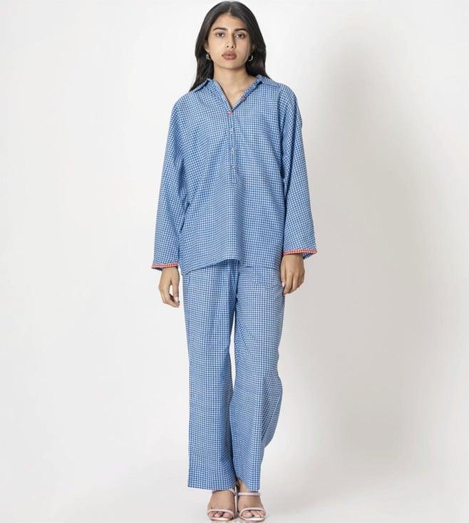 kameez by pooja blue capsule 24 gingham handprint cotton shirt and pant co-ord set
