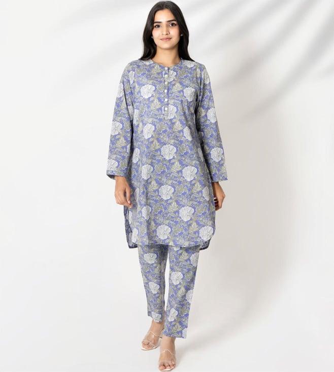 kameez by pooja blue handblock print cotton kurta with pant co-ord set