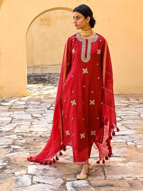 kameez by pooja bright red jashn kurta with pant and dupatta