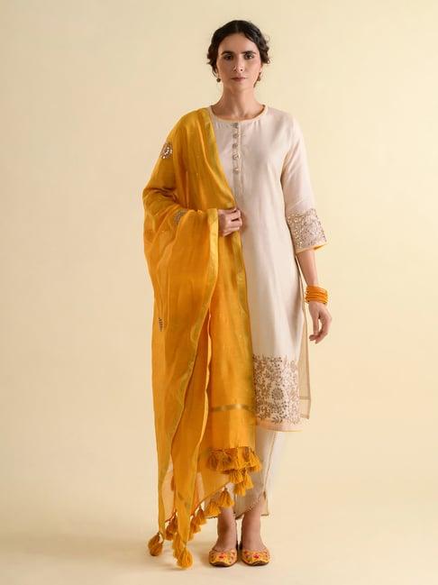 kameez by pooja ivory & yellow kurta with pant and dupatta