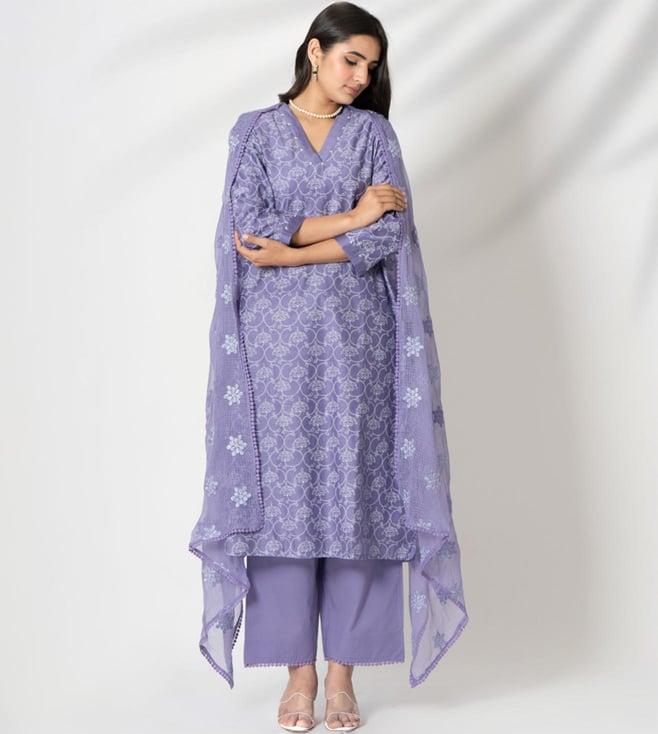 kameez by pooja lavender floral handblock print chanderi kurta with pant and dupatta