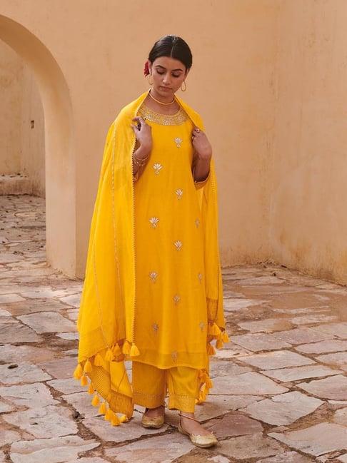 kameez by pooja mustard jashn bloom kurta with pant and dupatta