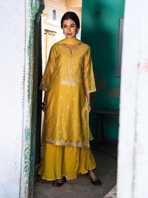 kameez by pooja mustard jashn golden dream kurta with sharara and dupatta