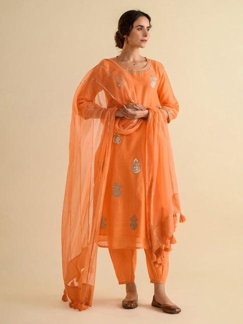 kameez by pooja orange kurta with pant and dupatta