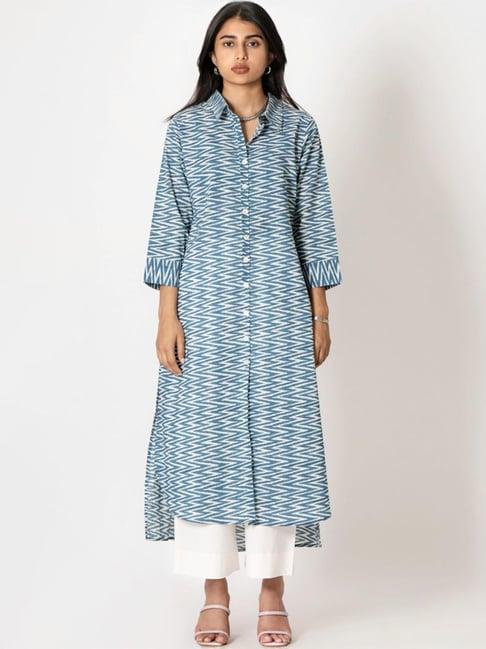 kameez by pooja white & blue capsule 24 hand print cotton kurta with pant