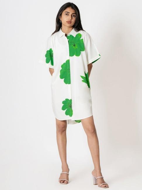 kameez by pooja white & green capsule 24 digital print modal cotton shirt dress