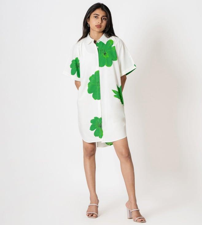 kameez by pooja white & green capsule 24 digital print modal cotton shirt dress