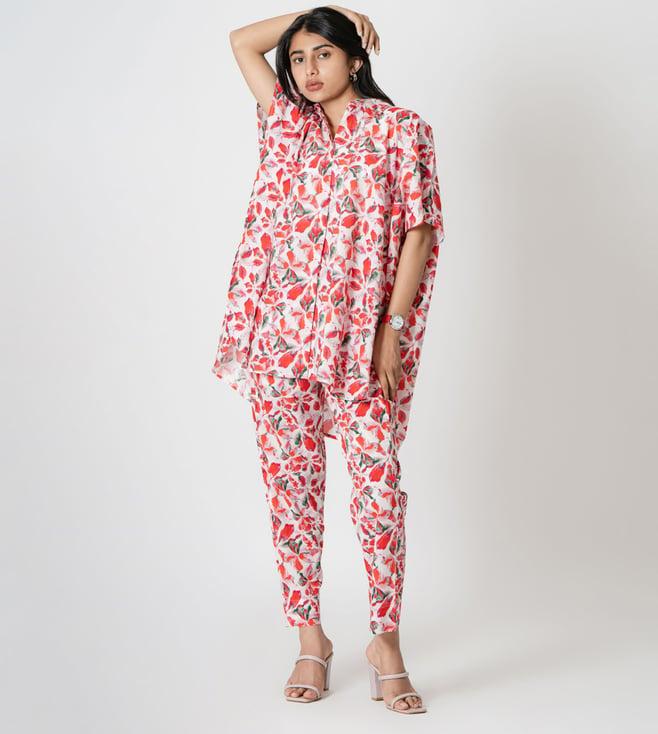 kameez by pooja white & red capsule 24 digital print cotton shirt and pant co-ord set