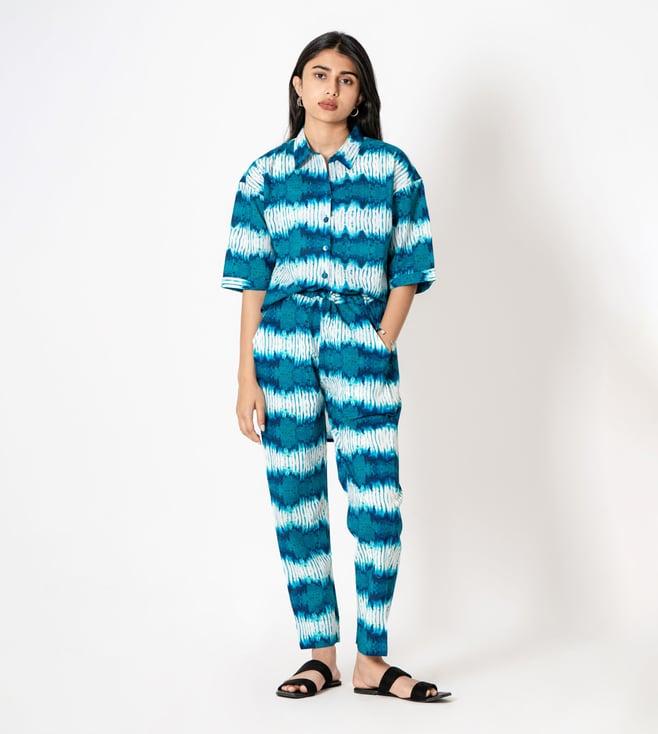 kameez by pooja white & turquoise blue capsule 24 stripy digital print cotton shirt and pant co-ord set