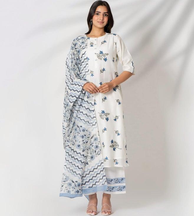 kameez by pooja white floral embroidered chanderi kurta with pant and dupatta