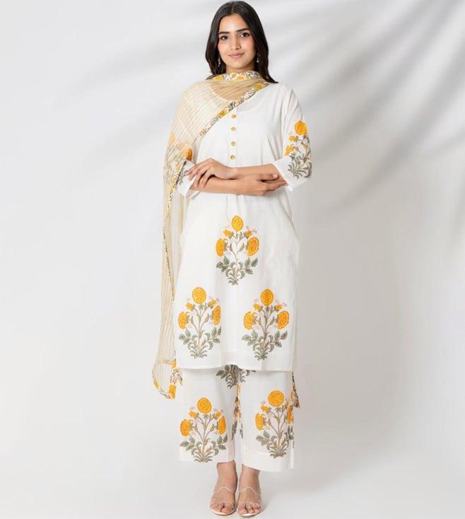 kameez by pooja white floral motif handblock print cotton kurta with slip and pant with stole