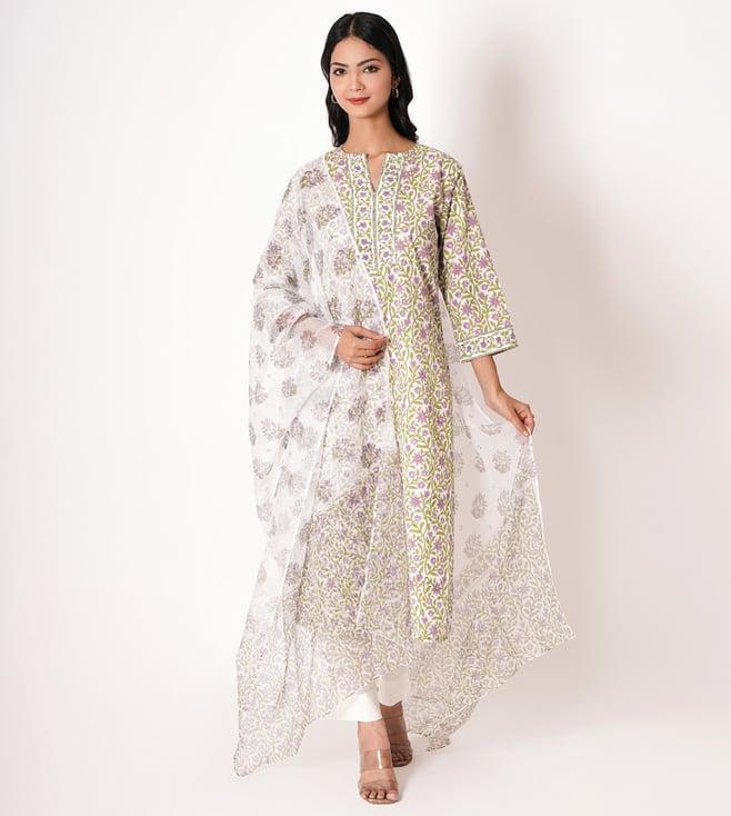 kameez by pooja white handblock print cotton suit set (set of 3)