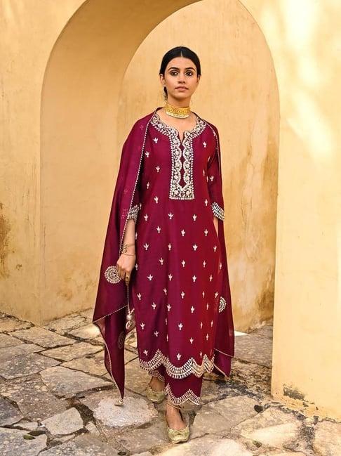 kameez by pooja wine jashn carmine love kurta with pant and dupatta