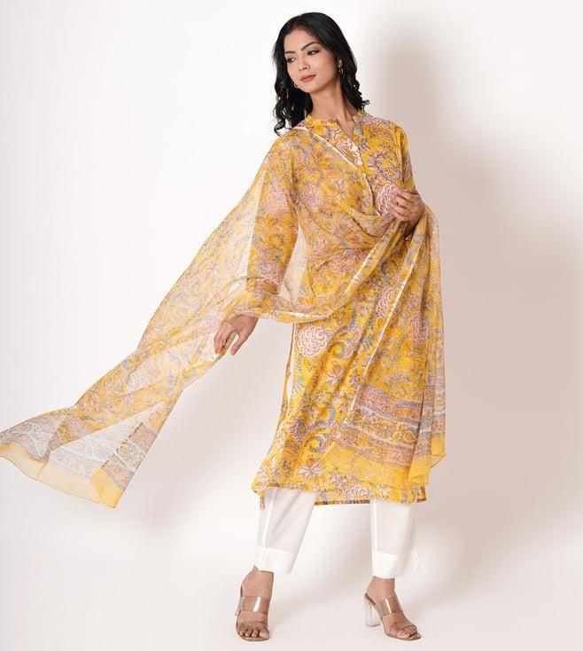 kameez by pooja yellow handblock print cotton suit set (set of 3)