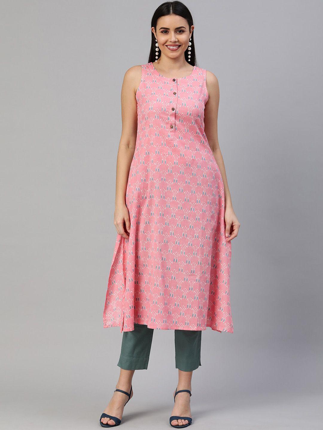 kami kubi women pink abstract print sleeveless cotton kurta