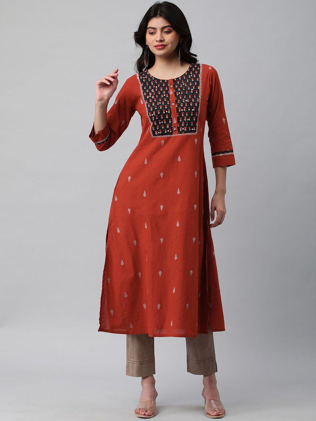 kami kubi  round neck three quarter sleeves mirror work dobby anarkali kurta