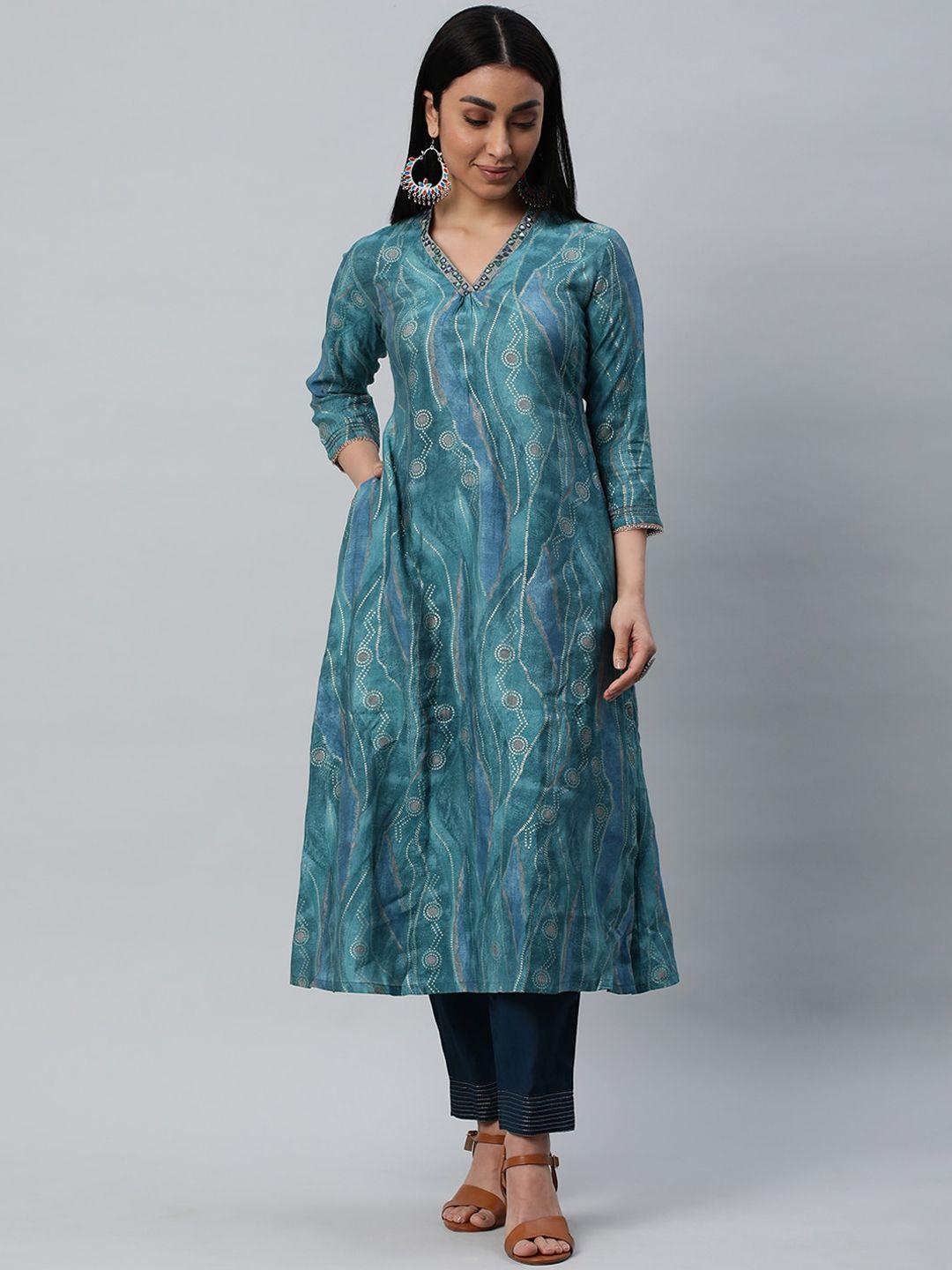 kami kubi abstract printed mirror work a-line kurta