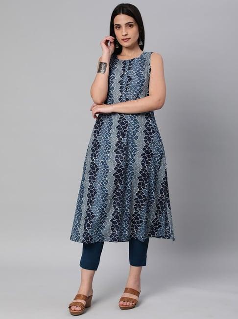 kami kubi blue cotton printed a line kurta