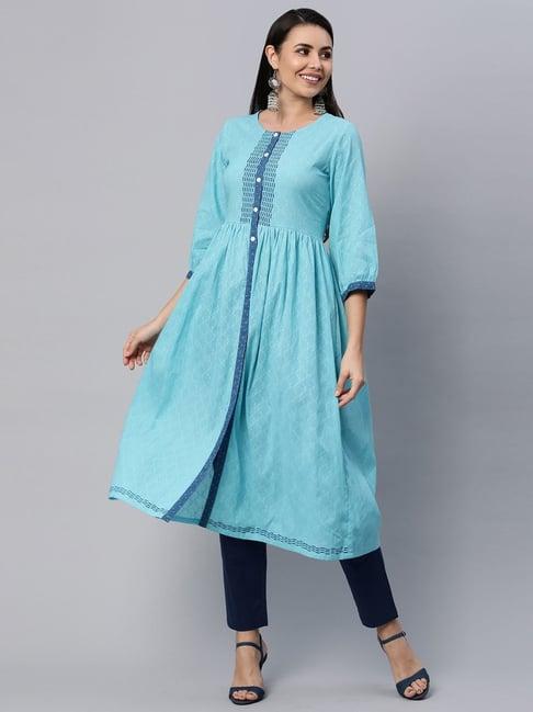 kami kubi blue cotton woven pattern a line kurta