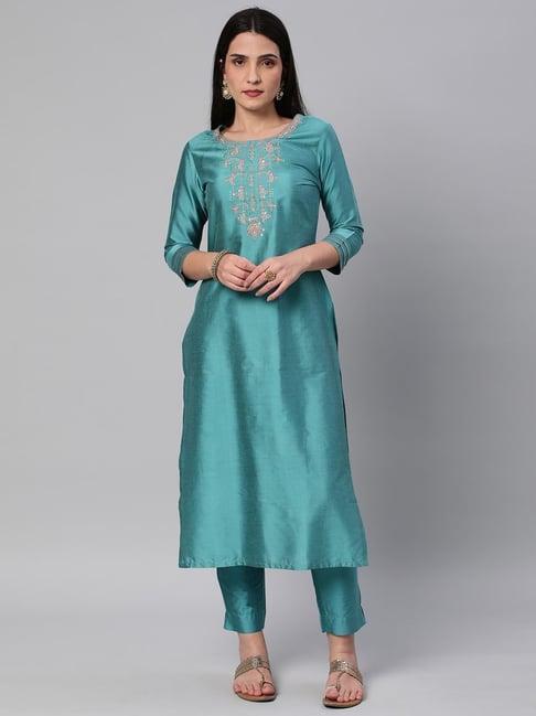 kami kubi blue embellished straight kurta